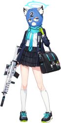  1girl animal_ear_fluff animal_ears arm_at_side assault_rifle bag balaclava black_shoes black_skirt blue_archive blue_eyes blue_halo blue_jacket blue_necktie blue_scarf breast_pocket buttons charm_(object) clothes_writing covered_face cross cross-laced_shoes emoticon full_body game_asset gloves green_gloves grey_hair gun halo hand_up heart highres holding holding_gun holding_weapon hwansang id_card jacket kneehighs large_variant_set layered_sleeves legs long_sleeves looking_at_viewer miniskirt mismatched_pupils necktie official_art open_clothes open_jacket parted_lips pigeon-toed plaid_clothes plaid_skirt pleated_skirt pocket rifle scarf school_uniform scope shiroko_(blue_archive) shirt shirt_tucked_in shoes shoulder_bag sig_556 simple_background single_glove skirt socks solo standing tachi-e teeth thighs third-party_source transparent_background trigger_discipline variant_set vertical_foregrip weapon white_shirt white_socks wolf_ears 