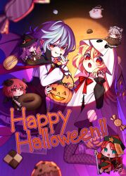  6+girls :q alternate_costume alternate_headwear animal_costume animal_ears bat_wings black_cape black_dress black_hat black_skirt blonde_hair blue_eyes blue_hair blush bow bowtie braid candy cape checkerboard_cookie chocolate claw_pose closed_mouth commentary_request cookie crescent crescent_hat_ornament crystal crystal_wings cupcake demon_wings doughnut dress english_text fang fishnet_pantyhose fishnets flandre_scarlet food ghost ghost_costume green_dress green_hat halloween halloween_bucket halloween_costume happy_halloween hat hat_ornament head_wings highres hong_meiling illust_atelier3 izayoi_sakuya jewelry jiangshi_costume koakuma lollipop long_hair long_sleeves looking_at_viewer macaron maid_headdress mini_person minigirl missing_headwear multicolored_wings multiple_girls ofuda one_eye_closed one_side_up open_mouth pantyhose patchouli_knowledge pointy_ears purple_hair red_bow red_bowtie red_eyes red_hair red_nails remilia_scarlet ring shirt siblings signature single_claw_pose single_leg_pantyhose sisters skin_fang skirt smile swirl_lollipop tongue tongue_out touhou twin_braids very_long_hair violet_eyes white_shirt wings witch witch_hat wolf_costume wolf_ears 