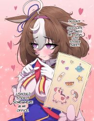 1boy 1girl :3 @_@ absurdres ahoge animal_ears averting_eyes between_breasts blue_vest blush breasts brown_hair center_frills closed_mouth clothed_cleavage commentary commission ear_ribbon ears_down embarrassed english_text frills gloves hair_between_eyes hairband highres holding holding_paper horse_ears horse_girl index_fingers_together large_breasts mayoa medium_hair meisho_doto_(turbulent_blue)_(umamusume) meisho_doto_(umamusume) multicolored_hair paper pink_hairband pov pov_hands shirt solo_focus strap_between_breasts trainer_(umamusume) two-tone_hair umamusume vest violet_eyes white_gloves white_hair white_shirt