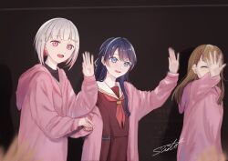  3girls ^_^ bloom_garden_party_jacket blue_eyes blue_hair blue_ribbon bob_cut braid brown_hair closed_eyes colored_inner_hair commentary_request cowboy_shot dollchestra hair_ornament hair_ribbon half_up_braid half_updo hasu_no_sora_school_uniform hayama_fuka highres holding_hands inverted_bob jacket kachimachi_kosuzu long_hair love_live! love_live!_hasu_no_sora_jogakuin_school_idol_club love_live!_hasu_no_sora_jogakuin_school_idol_club_bloom_garden_party motion_blur multicolored_hair multiple_girls murano_sayaka nonaka_kokona open_clothes open_hand open_jacket red_hair red_ribbon red_streaks ribbon sailor_collar sasaki_kotoko school_uniform short_hair side_ahoge signature star_(symbol) star_hair_ornament streaked_hair suito virtual_youtuber voice_actor_connection watermark waving white_hair white_sailor_collar winter_uniform yugiri_tsuzuri 