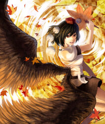  1girl black_hair black_skirt commentary feathers hand_fan hat hauchiwa highres leaf looking_at_viewer open_mouth photoshop_(medium) red_eyes shameimaru_aya skirt smile solo tokin_hat touhou wings zen_(jirakun) 