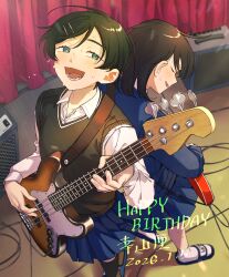  ahoge bass_guitar black_hair black_vest blue_eyes blue_jacket blue_sandals blue_skirt closed_eyes collared_shirt commentary_request dated electric_guitar fender_jazz_bass fender_telecaster futsuu_no_keion-bu green_hair guitar happy_birthday hatono_chihiro highres instrument jacket kouyama_rin loafers medium_hair pixie_cut rra_(yj) sandals shirt shoes short_hair skirt slides socks sweat vest white_shirt white_socks 