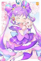  1girl ;3 ^_^ ahoge artist_logo back_bow blue_background blue_bow blue_streaks blush boots border bow brooch bubble_skirt buttons cherry_blossoms choker closed_eyes closed_mouth colored_shoe_soles commentary creature cure_kyunkyun delicious_party_precure double-breasted double_bun dress dress_bow facing_another fairy feet_out_of_frame floral_background flower footwear_bow frilled_dress frills hair_bow hair_bun hair_intakes hair_ornament headset heart heart_brooch highres hug idol_heart_incom in-franchise_crossover jewelry kimi_to_idol_precure kneeling kome-kome logo long_hair looking_at_another magical_girl medium_dress miniskirt multicolored_hair off-shoulder_dress off_shoulder one_eye_closed outside_border pink_flower pink_fur plaid_bow plaid_clothes plaid_dress precure purple_bow purple_choker purple_dress purple_thighhighs purple_wrist_cuffs shigure_kokoro single_bare_shoulder skirt skirt_bow smile split_mouth streaked_hair takamori_natsumi takecho thigh-highs twintails two-tone_hair very_long_hair voice_actor_connection white_boots white_border wrist_cuffs 