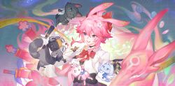  1girl absurdres animal_ears asymmetrical_gloves black_choker black_gloves bow bowtie choker collared_shirt commentary_request evanescia_(honkai:_star_rail) floating_hair flower fox_ears fox_girl gloves hair_between_eyes hair_flower hair_ornament highres honkai:_star_rail honkai_(series) jacket long_sleeves mismatched_gloves open_clothes open_jacket open_mouth pink_hair red_bow red_bowtie shirt short_hair_with_long_locks smile ten_young_pigeons violet_eyes white_gloves white_jacket wing_collar 