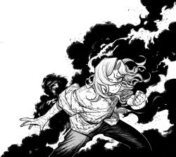  1boy centuria_(manga) clenched_hand clouds commentary_request dagger dark_cloud facial_mark fighting_stance highres julian_(centuria) knife kuramori_tohru looking_at_viewer male_focus medium_hair monochrome multiple_scars official_art parted_hair scar scar_on_arm scar_on_hand solo weapon 