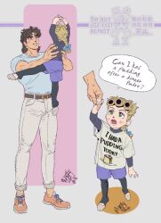  2boys aged_down ant ballerino ballet ballet_slippers belt blonde_hair blush bow braid bug child father_and_child father_and_son giorno_giovanna grin hair_bow in-franchise_crossover jojo_no_kimyou_na_bouken jonathan_joestar leggings long_sleeves male_focus multiple_boys open_mouth parent_and_child phantom_blood shirt shoes shorts single_braid smile sneakers speech_bubble standing t-shirt tmblyeet vento_aureo victory_rolls 