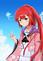 1girl \m/ absurdres arm_at_side ascot black_ascot blue_butterfly blue_eyes blue_sky blunt_bangs blush braid bug butterfly cherry_blossom_print closed_mouth clouds commentary_request cowboy_shot day floral_print floral_print_kimono glowing_butterfly hair_ornament hairclip highres japanese_clothes kamiyama_shiki kimono long_hair long_sleeves looking_at_viewer open_clothes open_kimono outdoors ponytail print_kimono red_hair sailor_collar school_uniform sekibaracheice serafuku shirt side_braid sidelocks skirt sky smile solo split_mouth summer_pockets summer_pockets_school_uniform tassel tassel_hair_ornament very_long_hair white_sailor_collar white_serafuku white_shirt white_skirt wide_sleeves 
