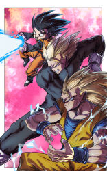  absurdres black_bodysuit black_eyes black_hair black_sash black_shirt blonde_hair blue_sash blue_shirt bodysuit boots brothers chiro_illust commentary_request cowboy_shot dougi dragon_ball dragon_ball_z electricity family father_and_child father_and_son gloves green_eyes highres kamehameha_(dragon_ball) long_hair no_eyebrows orange_pants orange_shirt pants parent_and_child pink_background sash shirt short_hair siblings son_gohan son_goku son_goten spiky_hair super_saiyan super_saiyan_2 super_saiyan_3 white_boots white_gloves 