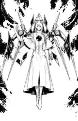  1boy absurdres braid commentary_request floating girls'_frontline_neural_cloud girls_frontline highres hole_in_chest hole_on_body lord_eosphoros_(neural_cloud) mechanical_wings meimushi monochrome robe short_hair smile wings 