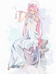  1girl aqua_hair barefoot breasts commentary cyrene_(demiurge)_(honkai:_star_rail) cyrene_(honkai:_star_rail) dress earrings flute hair_ornament highres holding holding_flute holding_instrument honkai:_star_rail honkai_(series) instrument jewelry long_hair medium_breasts mewdei multicolored_hair musical_note pink_hair playing_flute playing_instrument solo toes untranslatable_commentary very_long_hair white_dress white_hair 