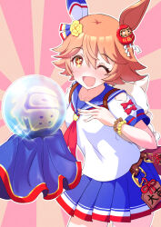  1girl animal_ears bead_bracelet beads blue_sailor_collar blue_skirt blush bow bracelet breasts clover_hair_ornament commentary_request crystal_ball daruma_doll doll_hair_ornament ear_covers ema flipped_hair four-leaf_clover_hair_ornament hair_between_eyes hair_ornament holding holding_orb horse_ears horse_girl jewelry maneki-neko matikanefukukitaru_(rising_fortune)_(umamusume) matikanefukukitaru_(umamusume) neckerchief one_eye_closed open_mouth orange_hair orb red_bow red_neckerchief sailor_collar school_uniform serafuku shirt short_hair single_ear_cover skirt small_breasts smile solo star-shaped_pupils star_(symbol) symbol-shaped_pupils umamusume white_shirt yoshiharu_izumi 