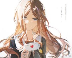  1girl bang_dream! bang_dream!_it's_mygo!!!!! blue_eyes brown_hair chinese_commentary closed_mouth commentary_request grey_neckerchief highres holding holding_letter letter long_hair looking_at_viewer nagasaki_soyo neckerchief school_uniform sidelocks simple_background solo translation_request tsukinomori_school_uniform tumaomao upper_body white_background 