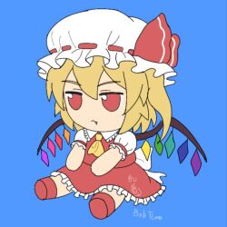  1girl ascot back_bow blonde_hair blue_background bow closed_mouth collared_shirt commentary crystal crystal_wings english_commentary fang fang_out flandre_scarlet frilled_shirt_collar frilled_skirt frills fumo_(doll) hat hat_ribbon mob_cap multicolored_wings one_side_up puffy_short_sleeves puffy_sleeves red_eyes red_skirt red_vest ribbon shirt short_sleeves simple_background sitting skirt skirt_set solo tloas touhou vest white_bow white_hat white_shirt wings yellow_ascot 