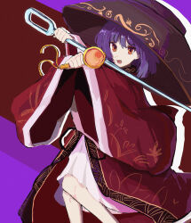  1girl absurdres bowl bowl_hat commentary english_commentary feet_out_of_frame hat highres holding holding_mallet holding_needle japanese_clothes kimono long_sleeves looking_at_viewer mallet medium_hair miracle_mallet needle needle_sword open_mouth purple_background purple_hair red_eyes red_kimono smile solo stunionjy sukuna_shinmyoumaru touhou wide_sleeves 