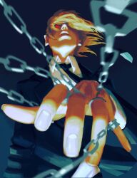  1boy agzamx black_jacket blonde_hair dark_background dramatic_lighting from_below glowing glowing_eyes hair_between_eyes hair_flowing_over hand_chains hand_focus highres hunter_x_hunter jacket kurapika looking_up male_focus medium_hair necktie parted_lips red_eyes shirt solo suit upper_body white_shirt 