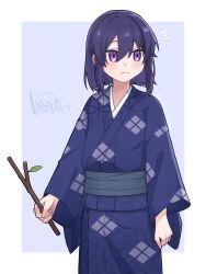  1boy aged_down alternate_hair_length_(shorter) asa_no_ha_(pattern) blue_kimono blunt_ends bob_cut border branch chibi chibi_inset child commentary_request cowboy_shot ensemble_stars! frown hair_between_eyes hair_intakes highres holding holding_branch japanese_clothes kanzaki_souma katana kimono light_blush long_sleeves looking_ahead notice_lines official_alternate_costume outside_border print_kimono purple_background purple_hair sako_nako short_hair sidelocks solo split_mouth sword violet_eyes weapon white_border wide_sleeves 