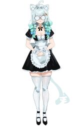  1girl absurdres ahoge animal_ears black_bow black_bowtie black_dress black_shoes blue_bow blue_eyes bow bowtie braid breasts cat_ears cat_tail closed_mouth coke-bottle_glasses densetsu.exe detached_collar dress frilled_wrist_cuffs frills full_body glasses gradient_hair green_hair green_nails hair_bow hair_ornament highres maid maid_headdress mint_fantome multicolored_hair puffy_short_sleeves puffy_sleeves redi_(rasec_asdjh) shoes short_sleeves small_breasts solo standing tail thick_thighs thigh-highs thighs twin_braids virtual_youtuber white_background white_hair white_thighhighs wrist_cuffs x_hair_ornament 