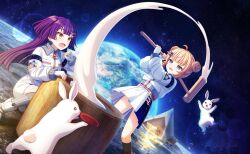  2girls aerial_fireworks ahoge alien american_flag animal animal_on_shoulder astronaut aurora bear belt blonde_hair blue_eyes blurry blush boots brown_eyes building campfire cat christmas city_lights cityscape clouds collared_shirt commentary_request constellation creature crescent_moon deer depth_of_field desert dog double_bun dust earth_(planet) fingerless_gloves fireflies fireworks food full_moon galaxy game_asset gloves grey_gloves hair_bun hair_ornament hairclip hammer helmet highres holding jacket kine kneehighs letterboxed light_particles long_hair long_sleeves mallet milky_way mochi moon moonlight motosu_towa multiple_girls nekoashi_tsubomi night non-web_source official_art onsen open_mouth outdoors pegasus pig pine_tree planet pleated_skirt polar_bear puffy_long_sleeves puffy_sleeves purple_hair rabbit reindeer rocket self-datamine sheep shirt shooting_star skirt sky skyline skyscraper snow snow_rabbit snowing snowman socks space space_helmet spacecraft spacesuit standing star_(sky) star_(symbol) starry_sky starry_sky_print stuffed_animal stuffed_rabbit stuffed_toy sweat tanabata tanzaku telescope tent tree ufo v-shaped_eyebrows very_long_hair wagashi white_gloves white_jacket white_skirt window wolf world_dai_star 