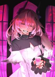  alcohol arknights blush cleavage_cutout clothing_cutout commentary_request cup demon_girl demon_horns dress drinking_glass highres horns pink_eyes pink_hair pukey_goddess_shot_trick sankakucorner3 shot_glass smile theresa_(arknights) 