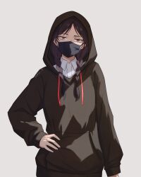  1girl arsti_11 black_hair black_hoodie black_mask braid collared_shirt fate/strange_fake fate_(series) half-closed_eyes hand_on_own_hip highres hood hoodie long_hair looking_at_viewer mask no_name_assassin_(fate) parted_bangs red_eyes shirt simple_background standing twin_braids very_long_hair white_background white_shirt 