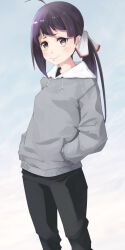  1girl ahoge alternate_costume black_pants black_shirt blue_background blush bow brown_eyes casual commentary_request drawstring feet_out_of_frame fujinami_(kancolle) gradient_background grey_bow grey_hoodie hair_bow hands_in_pocket highres hood hood_down hoodie kantai_collection long_sleeves looking_at_viewer low_ponytail neko_no_hige pants ponytail purple_hair shirt sidelocks simple_background smile solo standing white_background 