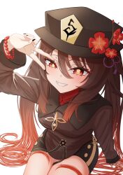  1girl bead_bracelet beads black_hat black_nails black_shorts bracelet breasts brown_hair brown_shirt commentary_request flower flower-shaped_pupils from_above genshin_impact grin hair_between_eyes hat highres hu_tao_(genshin_impact) invisible_chair jewelry long_hair long_sleeves looking_at_viewer mitarashi_(miil_liim) multicolored_hair nail_polish plum_blossoms porkpie_hat red_eyes shirt shorts sitting small_breasts smile solo symbol-shaped_pupils teeth two-tone_hair v very_long_hair 