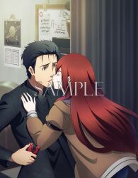  1boy 1girl anime_coloring belt black_hair black_jacket black_shirt brown_hair brown_jacket cellphone closed_eyes couch curtains facial_hair hand_on_another's_chest hetero holding holding_phone imminent_kiss indoors jacket long_hair long_sleeves looking_at_another makise_kurisu official_art okabe_rintarou okabe_rintarou_(beta) open_mouth parted_lips phone poster_(object) sample_watermark science_adventure shirt smartphone standing steins;gate steins;gate_0 stubble surprised upper_body watermark whiteboard yellow_eyes 