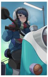  1girl absurdres bag black_pants blue_hair blue_jacket blue_scarf breath brown_gloves brown_scarf closed_mouth commentary english_commentary gloves green_scarf haerge helmet highres jacket lamppost long_sleeves motor_vehicle multicolored_scarf outdoors pants red_scarf riding scarf scooter shima_rin sitting smile solo striped_clothes striped_scarf violet_eyes yamaha yamaha_vino yurucamp 