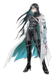  1girl bag belt black_belt black_boots black_hair black_thighhighs black_unitard boots coat full_body glasses hand_in_pocket holding_first_aid_kit id_card iron_(path_to_nowhere) jrnc23 lab_coat long_hair path_to_nowhere prosthesis prosthetic_arm scar scar_across_eye scar_on_face thigh-highs very_long_hair white_bag white_coat white_eyes 