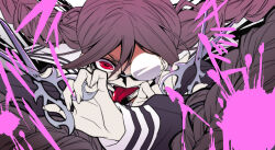  1girl blood blood_splatter braid danganronpa:_trigger_happy_havoc danganronpa_(series) eyelashes fukawa_toko genocider_sho glasses hair_between_eyes holding holding_scissors holding_weapon long_hair long_sleeves opaque_glasses open_mouth partially_opaque_glasses pink_blood purple_hair red_eyes scissors shikihitohira solo teeth third-party_source tongue tongue_out twin_braids twintails weapon 