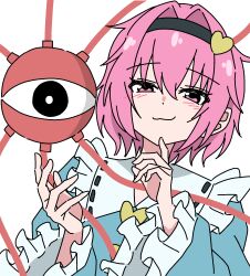  1girl blue_shirt blush blush_stickers collar disembodied_linked_eye dot_nose eyeball finger_to_own_chin frilled_collar frills hair_intakes hair_ornament hairband heart heart_hair_ornament heart_ornament highres komeiji_satori long_sleeves looking_at_viewer pink_eyes pink_hair shirt short_hair smile smug solo touhou unenemiko upper_body wide_sleeves 