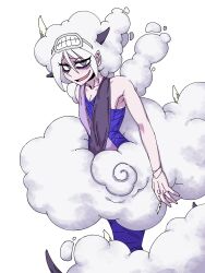  1girl absurdres bags_under_eyes betobeto_bishou bracelet clouds eddybird55555 grey_eyes highres horns jewelry key looking_at_viewer onesie scp_foundation short_hair simple_background skirt sleep_mask sleeveless smile solo touhou white_background white_hair 