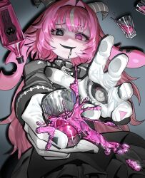  1girl absurdres animal_ears backward-facing_horns bell_bow black_bow black_bowtie black_eyes black_mouth black_saliva bow bowtie colored_saliva cup drinking_glass femme_soule fingernail_gloves goat_ears goat_horns hair_intakes hand_eye heterochromia highres horns hyeonjong8 long_hair looking_at_viewer notched_ear open_mouth pink_eyes pink_hair pukey_goddess_shot_trick shot_glass smile solo 