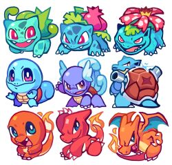  absurdres blastoise blue_eyes bulbasaur cannon charizard charmander charmeleon claws closed_mouth column_lineup el_estofado evolutionary_line fangs fire fire_type_theme_(pokemon) flame-tipped_tail flower grass_type_theme_(pokemon) grid_lineup highres ivysaur lineup no_humans nostrils open_mouth plant pokemon pokemon_(creature) pokemon_focus red_eyes shell shoulder_cannon squirtle starter_pokemon_trio tail turtle venusaur vine_whip vines wartortle water_type_theme_(pokemon) white_background wings 