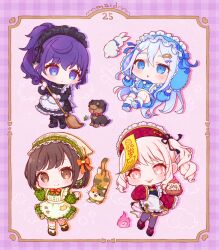  1other 25-ji_nightcord_de._(project_sekai) 3girls :o :p akiyama_mizuki animal asahina_mafuyu blue_eyes blue_hair blue_hairband blush border broom brown_eyes brown_hair chibi chibi_only china_dress chinese_clothes closed_mouth commentary_request dog double-parted_bangs dress frilled_dress frilled_hairband frilled_sleeves frills full_body green_dress hair_between_eyes hairband highres holding holding_broom jersey_maid long_hair long_sleeves looking_at_viewer maid maid_headdress multiple_girls open_mouth oyasumirakko pink_eyes pink_hair project_sekai purple_border purple_hair qi_maid red_dress shinonome_ena short_hair side_ponytail smile standing standing_on_one_leg tongue tongue_out unconventional_maid very_long_hair violet_eyes yoisaki_kanade 