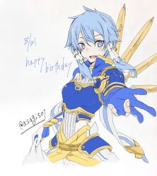  1girl :d archery_shooting_glove armor artist_name asagi501 birthday_date blue_armor blue_eyes blue_gloves blue_hair blue_shrug breastplate breasts commentary_request cropped_torso english_text gloves gold_trim hair_intakes happy_birthday looking_at_viewer medium_hair messy_hair open_mouth partially_fingerless_gloves pauldrons shirt shoulder_armor shrug_(clothing) single_pauldron sinon sinon_(solus) small_breasts smile solo sword_art_online sword_art_online:_alicization sword_art_online:_alicization_-_war_of_underworld twitter_username watermark white_shirt 