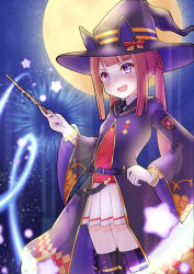  1girl animal_ears black_boots black_necktie black_robe blush boots braid braided_hair_rings brown_hair cloak collared_shirt commentary_request full_moon gloves hair_rings hat hat_with_ears holding holding_wand horse_ears horse_girl long_hair moon necktie night open_cloak open_clothes open_mouth red_sweater_vest robe shirt skirt sky smile solo star_(symbol) sweater_vest sweep_tosho_(platanus_witch)_(umamusume) sweep_tosho_(umamusume) thigh_boots trimmed_tail twintails umamusume violet_eyes wand white_gloves white_shirt white_skirt witch_hat yoshiharu_izumi 