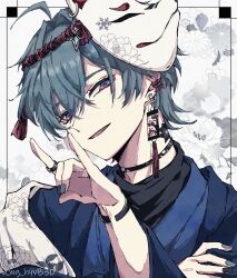  1boy ahoge black_nails blue_kimono blue_shirt bracelet choker commentary_request ear_piercing earrings fingernails fox_mask fox_shadow_puppet genshin_impact green_hair green_nails hair_between_eyes highres japanese_clothes jewelry kimono lohen_(genshin_impact) looking_at_viewer male_focus mask mask_on_head mole mole_under_eye monochrome_background multicolored_eyes n_(ng_hyv830) parted_lips piercing shirt short_hair single_earring solo 