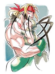  1boy 1girl ai-eye alex_winger antenna_hair bandana black_hair blonde_hair blue_eyes breasts closed_eyes commission dougi facepaint fingerless_gloves gloves headband height_difference hetero high_ponytail hug ibuki_(street_fighter) long_hair manly muscular ninja ponytail sideboob street_fighter street_fighter_iii_(series) topless_male 