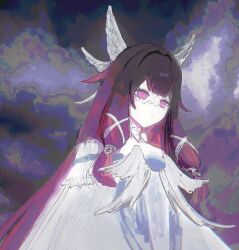  1girl 303owo303 black_hair bow closed_mouth columbina_(genshin_impact) dark_background dress eye_mask genshin_impact hair_ornament hair_ribbon head_wings long_hair mask multicolored_hair multiple_wings purple_hair purple_streaks ribbon solo streaked_hair two-tone_hair upper_body very_long_hair violet_eyes white_bow white_dress white_wings wing_hair_ornament wings 