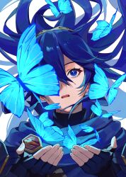  1girl blue_butterfly blue_cape blue_eyes blue_hair brand_of_the_exalt bug butterfly cape commentary fingerless_gloves fire_emblem fire_emblem_awakening gloves glowing_butterfly hair_between_eyes highres kamu_(kamuuei) long_hair lucina_(fire_emblem) open_mouth portrait solo tiara 