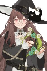  1girl animal_on_head belt brown_hair cat character_request clothing_cutout commission copyright_request double-parted_bangs earrings facial_mark flower flower_facial_mark flower_symbol hat hat_belt highres holding holding_instrument holding_lyre hood hood_down instrument jacket jewelry light_smile long_hair loose_belt lyre on_head open_clothes open_jacket pink_eyes pointy_ears single_earring straight-on upper_body very_long_hair witch_hat yi_shin_jian 