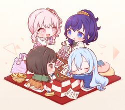  1other 25-ji_nightcord_de._(project_sekai) 3girls :d :o akiyama_mizuki asahina_mafuyu blue_eyes blue_hair blush brown_eyes brown_hair cellphone chibi chibi_only closed_eyes closed_mouth commentary_request double-parted_bangs hair_between_eyes highres holding holding_pencil holding_phone house_of_cards kotatsu long_hair multiple_girls open_mouth oyasumirakko pencil phone pillow pink_eyes pink_hair project_sekai purple_hair sheet_music shinonome_ena short_hair side_ponytail sleeping smartphone smile table taking_picture yellow_background yoisaki_kanade 