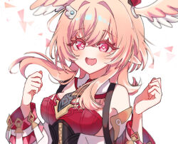  1girl black_necktie blush breasts commentary_request crossed_bangs detached_collar detached_sleeves dress genshin_impact hair_between_eyes hair_intakes hair_ornament head_wings heart heart-shaped_pupils linnea_(genshin_impact) long_hair long_sleeves looking_at_viewer necktie open_mouth pink_eyes pink_hair pointy_ears red_dress saihana simple_background smile solo sweat symbol-shaped_pupils upper_body wings 