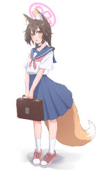  1girl absurdres alternate_costume alternate_hairstyle animal_ear_fluff animal_ears bag blue_archive blue_sailor_collar blue_skirt blush braid brown_bag brown_hair commentary cross-laced_shoes extra_ears eyeshadow fox_ears fox_girl fox_tail full_body hair_between_eyes halo highres holding holding_bag izuna_(blue_archive) looking_at_viewer low_twin_braids low_twintails makeup medium_hair medium_skirt neckerchief open_mouth pink_halo pink_neckerchief pleated_skirt red_eyeshadow red_shoes sailor_collar school_bag school_uniform serafuku shirt shoes short_sleeves sidelocks simple_background skirt sneakers socks solo standing tail tomonx twin_braids twintails v_arms white_background white_shirt white_socks yellow_eyes 