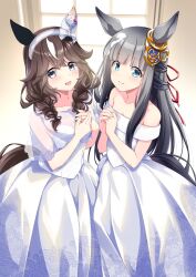  2girls animal_ears bare_shoulders blue_eyes blunt_bangs blush braid braided_sidelocks breasts brown_hair chrono_genesis_(umamusume) closed_mouth collarbone commentary_request curren_bouquetd'or_(umamusume) dress ear_covers grey_eyes grey_hair hair_between_eyes hair_ornament hairband highres horse_ears horse_girl horse_tail long_braid long_hair looking_at_viewer low_twin_braids medium_breasts mismatched_ear_covers multicolored_hair multiple_girls off-shoulder_dress off_shoulder open_mouth shinohara_shinome sidelocks small_breasts smile streaked_hair tail twin_braids umamusume white_dress white_streaks 