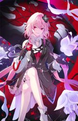  1girl black_flower black_gloves black_jacket boutonniere chinese_commentary collared_shirt commentary_request crossed_legs earrings empty_eyes evernight_(honkai:_star_rail) evey_(honkai:_star_rail) falling_flower feet_out_of_frame flower gloves hair_between_eyes hair_flower hair_ornament hairclip highres holding holding_umbrella honkai:_star_rail honkai_(series) jacket jewelry long_sleeves looking_at_viewer march_7th_(honkai:_star_rail) medium_hair memosprite parted_lips pink_hair puffy_long_sleeves puffy_sleeves red_eyes red_flower shirt single_bare_shoulder single_off_shoulder single_sleeve sitting sleeve_cuffs smile solo tooaya umbrella white_shirt 