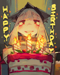  1girl animal_ears arknights beanie black_hat blush cake candle cat_ears clothes_writing commentary ears_through_headwear english_commentary food fox_ears fox_girl frostleaf_(arknights) grey_hair happy_birthday hat highres red_eyes smile solo togekk0 upper_body 