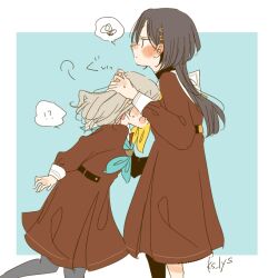  !? 2girls aqua_neckerchief blue_background border brown_dress ceras_yanagida_lilienfeld commentary dress edel_note face_to_breasts grey_hair hair_ornament hair_ribbon hasu_no_sora_school_uniform jellyfish_cut kase_(ks_lys) katsuragi_izumi long_hair long_sleeves love_live! love_live!_hasu_no_sora_jogakuin_school_idol_club multiple_girls neckerchief outside_border pink_ribbon puff_of_air ribbon sailor_collar sailor_dress school_uniform signature simple_background spoken_interrobang spoken_squiggle squiggle triangle_hair_ornament twitter_username virtual_youtuber white_border white_sailor_collar winter_uniform yellow_neckerchief 