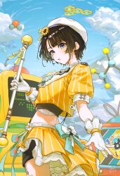  1girl award_ribbon beret blue_eyes blush brooch chemical_structure clouds cloudy_sky computer corset crop_top die_suki floral_bow flower flower_brooch frilled_gloves frills from_side garter_straps gloves grey_corset hair_flower hair_ornament hat highres holding holding_staff hololive idol jewelry looking_at_viewer midriff oozora_subaru oozora_subaru_(starlight) open_mouth orange_overskirt pink_lips pinstripe_jacket pinstripe_pattern pinstripe_skirt shirt short_hair shorts signature sky solo staff sunflower sunflower_hair_ornament suspender_shorts suspenders teeth white_garter_straps white_gloves white_hat 